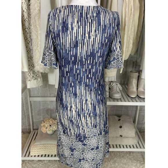 Ellen Weaver Women's Size S Blue & Cream Graphic Floral Shift Dress #0422 - Picture 5 of 12